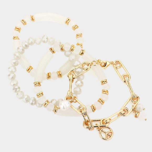 Gold and White Pearl Glass Beads Peace Sign Charm MultiLayered Beaded Bracelet - Picture 2 of 2